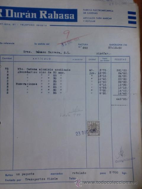 Old Invoices: FACTURA DE R. DURAN RABASA. FABRICA ELECTROMECANICA DE CADENAS. BARCELONA. 1960.