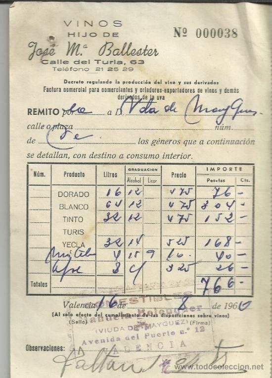 Old Invoices: FACTURA DE HIJO DE JOS&Eacute; M&ordf; BALLESTER. VINOS. VALENCIA. 1960