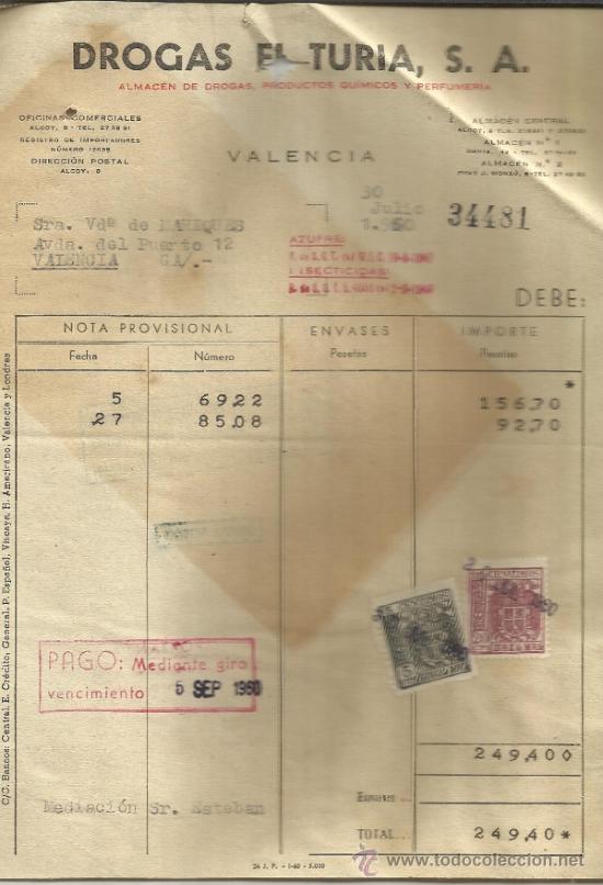 Old Invoices: FACTURA DE DROGAS EL TURIA, S.A. VALENCIA. 1960