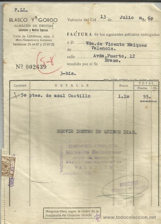 Old Invoices: FACTURA DE BLASCO Y GORDO. ALMAC&Eacute;N DE DROGAS. VALENCIA. 1960