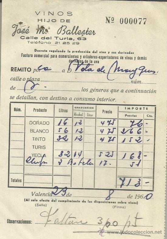 Alte Rechnungen: FACTURA DE HIJO DE JOSE M&ordf; BALLESTER. VINOS. VALENCIA. 1960