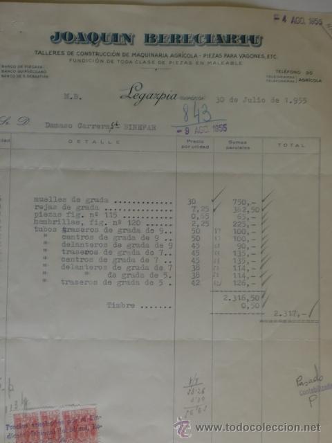 Alte Rechnungen: FACTURA DE JOAQUIN BERECIARTU. TALLERES DE CONSTRUCCION MAQUINARIA AGRICOLA. LEGAZPIA, 1955.