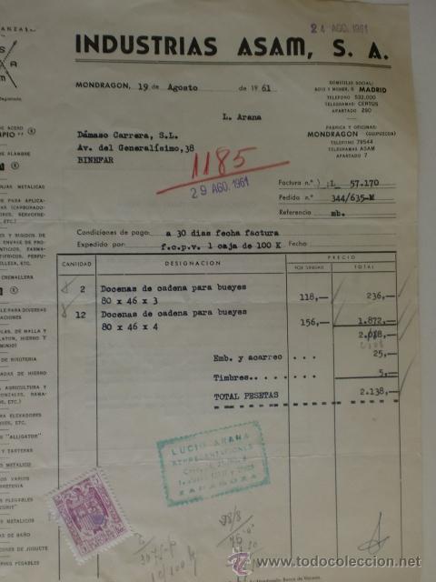 Alte Rechnungen: FACTURA DE INDUSTRIAS ASAM, S. A. VIRUTAS DE ALMBRE, TUBOS DE ALUMINIO. MONDRAGON 1961.