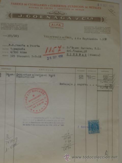 Alte Rechnungen: FACTURA DE J. GOENAGA Y CIA. FABRICA DE CUCHILLERIA Y CUBIERTOS. VILLAFRANCA DE ORIA 1958.