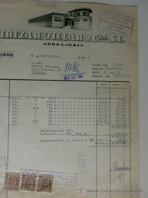 Alte Rechnungen: FACTURA DE IRIZAR, VILLAR Y CIA, S. L. CERRAJERIA. O&Ntilde;ATE 1956.
