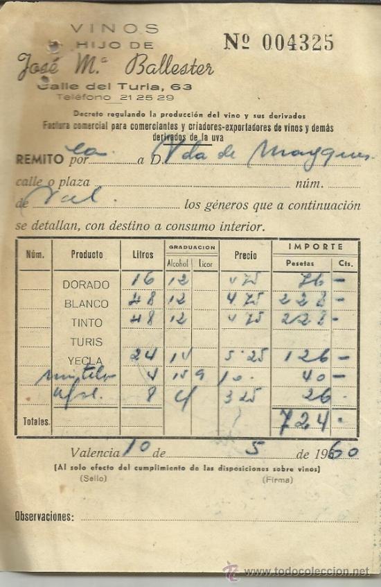 Alte Rechnungen: FACTURA HIJO DE JOS&Eacute; M&ordf; BALLESTER. VINOS. VALENCIA. 1960