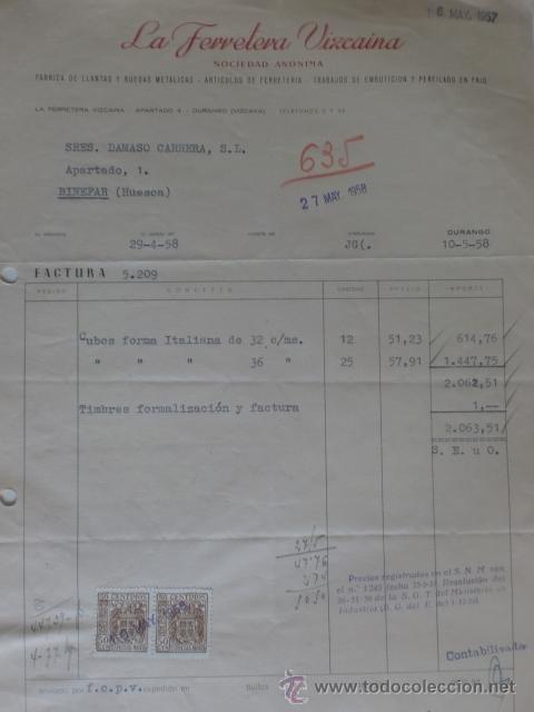 Alte Rechnungen: FACTURA DE LA FERRETERA VIZCAINA, S. A. FABRICA DE LLANTAS Y RUEDAS METALICAS. DURANGO 1958.