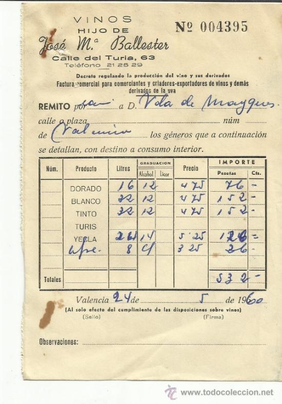 Alte Rechnungen: FACTURA HIJO DE JOS&Eacute; M&ordf; BALLESTER. VINOS. VALENCIA. 1960