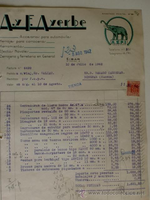 Alte Rechnungen: FACTURA DE A Y F. AYERBE. ACCESORIOS PARA AUTOMOVILES, HERRAJES PARA CARROCERIAS. EIBAR 1942..