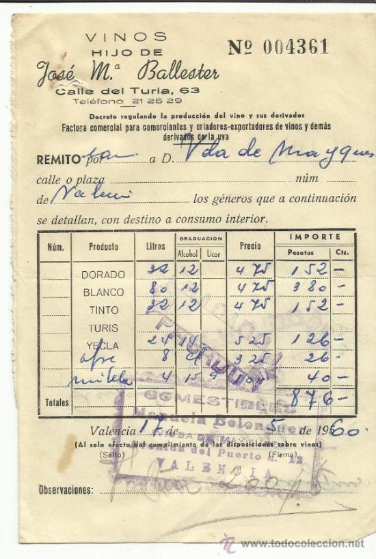 Alte Rechnungen: FACTURA HIJO DE JOS&Eacute; M&ordf; BALLESTER. VINOS. VALENCIA. 1960