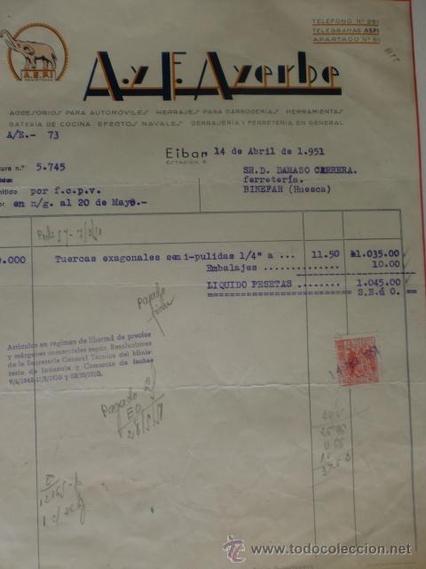 Alte Rechnungen: FACTURA DE A Y F. AYERBE. ACCESORIOS PARA AUTOMOVILES, HERRAJES PARA CARROCERIAS. EIBAR 1951.