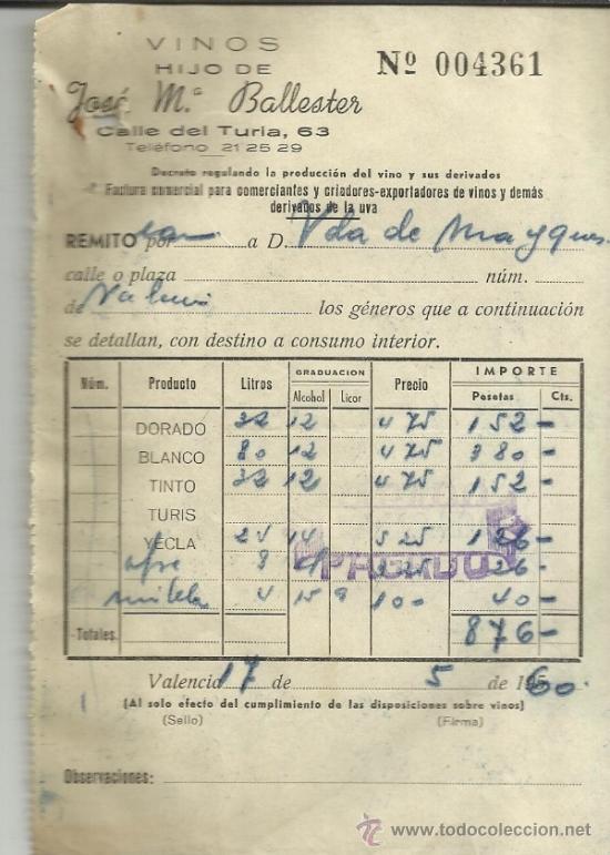 Alte Rechnungen: FACTURA HIJO DE JOS&Eacute; M&ordf; BALLESTER. VINOS. VALENCIA. 1960