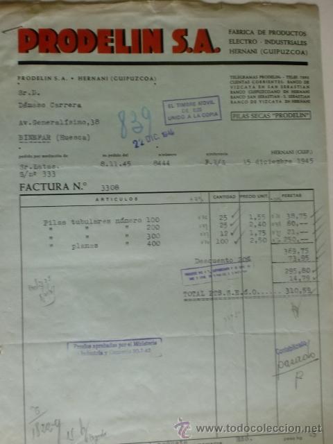 Alte Rechnungen: FACTURA DE PRODELIN, S. A. FABRICA DE PRODUCTOS ELECTRO-INDUSTRIALES. HERNANI 1945.