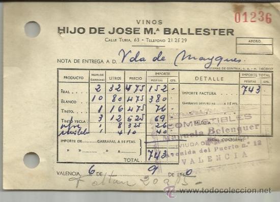 Fatture antiche: FACTURA HIJO DE JOS&Eacute; M&ordf; BALLESTER. VINOS. VALENCIA. 1960