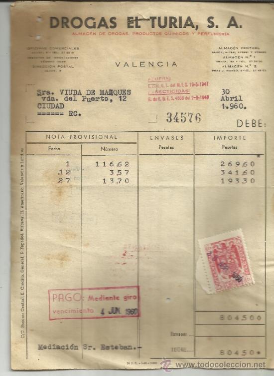 Facturas antiguas: FACTURA DE DROGAS EL TURIA S.A. VALENCIA. 1960 - Foto 1