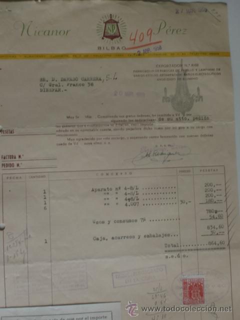 Facturas antiguas: FACTURA DE NICANOR PEREZ. FABRICACION DE FAROLES Y LAMPARAS.  BILBAO 1958.