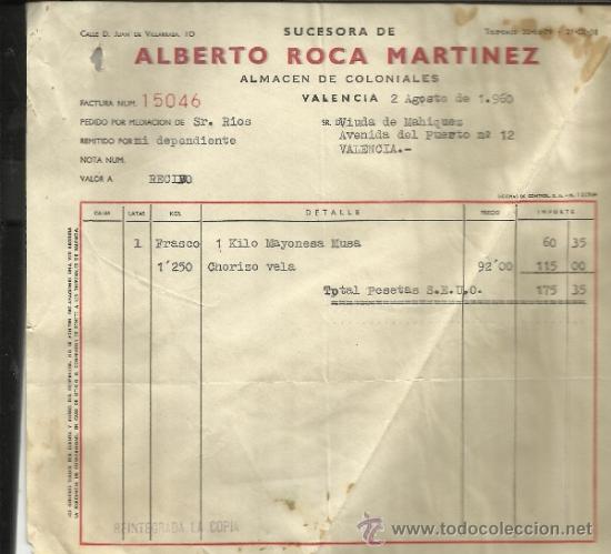 Facturas antiguas: FACTURA DE SUCESORA DE ALBERTO ROCA MART&Iacute;NEZ. ALMAC&Eacute;N DE COLONIALES. VALENCIA. 1960