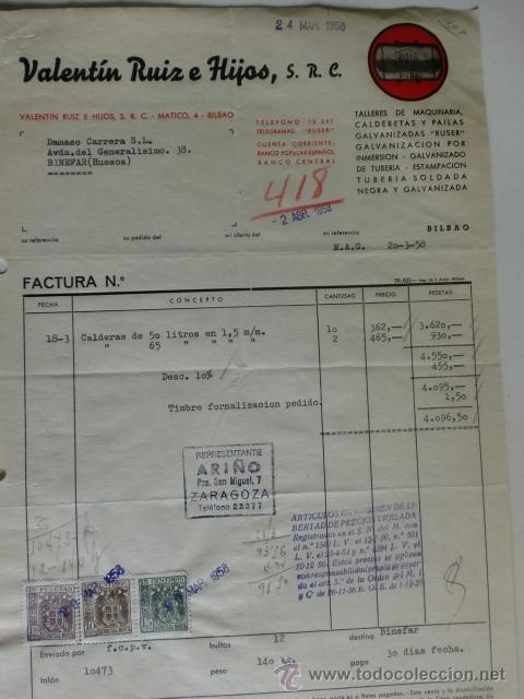Facturas antiguas: FACTURA DE VALENTIN RUIZ E HIJOS, S. R. C. TALLERES DE MECANICA, CALDERETAS Y PAILAS. BILBAO 1958.