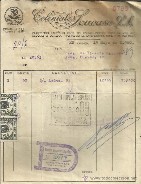 Facturas antiguas: FACTURA DE COLONIALES SOUCASE S.A. VALENCIA. 1960