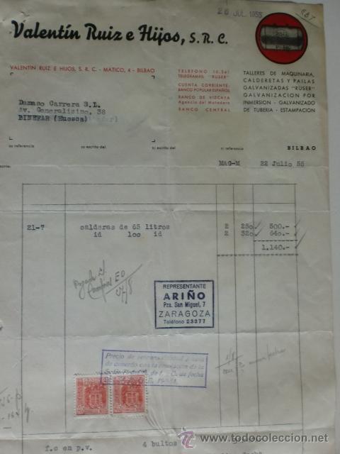 Facturas antiguas: FACTURA DE VALENTIN RUIZ E HIJOS, S. R. C. TALLERES DE MAQUINARIA, CALDERETAS Y PAILAS. BILBAO 1955.