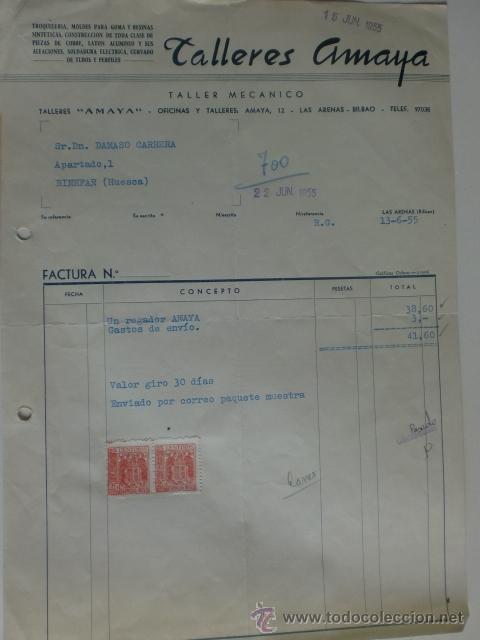 Facturas antiguas: FACTURA DE TALLERES AMAYA. TROQUELERIA, MOLDES PARA GOMA Y RESINAS. BILBAO 1955.