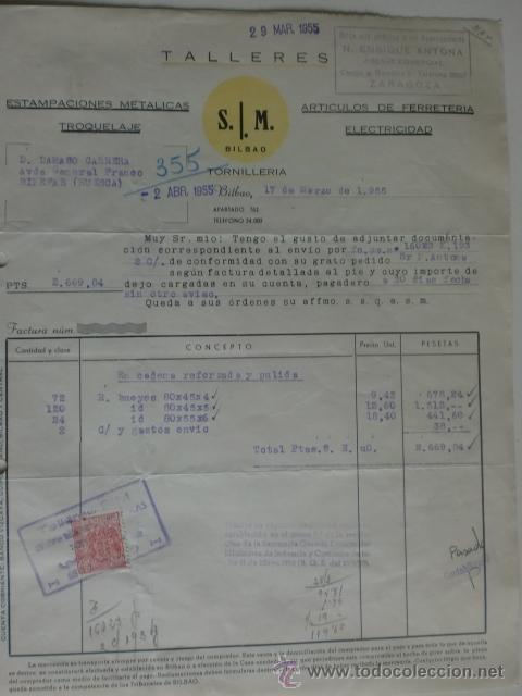 Facturas antiguas: FACTURA DE S.I.M. ESTAMPACIONES METALICAS, TROQUELAJE, FERRETERIA, ELECTRICIDAD. BILBAO 1955.