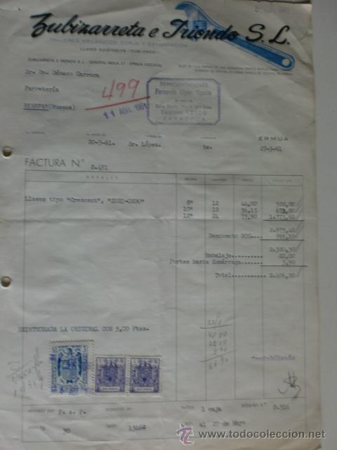 Facturas antiguas: FACTURA DE ZUBIZARRETA E FRIONDO, S. L. TALLERES MECANICOS, FORJA Y ESTAMPACION. ERMUA 1961.