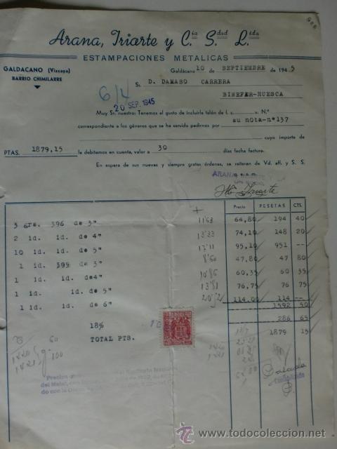 Fatture antiche: FACTURA DE ARANA, IRIARTE Y CIA, S. L. ESTAMPACIONES METALICAS. GALDACANO 1945.