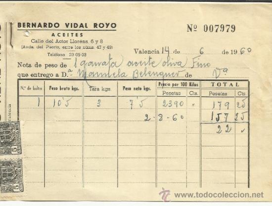 Factures anciennes: FACTURA DE BERNARDO VIDAL ROYO. ACEITES. VALENCIA. 1960