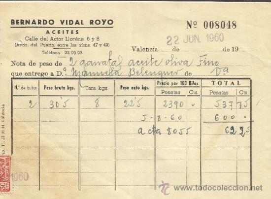 Factures anciennes: FACTURA DE BERNARDO VIDAL ROYO. ACEITES. VALENCIA. 1960