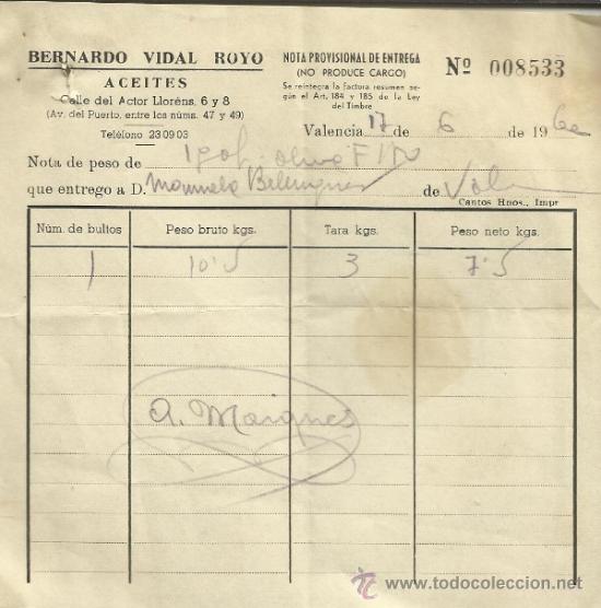Factures anciennes: FACTURA DE BERNARDO VIDAL ROYO. ACEITES. VALENCIA. 1960