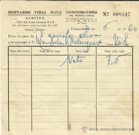 Factures anciennes: FACTURA DE BERNARDO VIDAL ROYO. ACEITES. VALENCIA. 1960