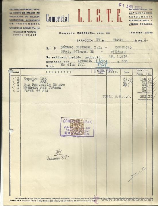 Factures anciennes: FACTURA DE COMERCIAL LISTE. MANUFACTURAS DE ART&Iacute;CULOS DE PIEL. ZARAGOZA. 1963