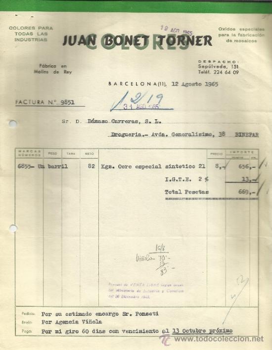 Factures anciennes: FACTURA DE JUAN BONET TORNER. COLORES PARA TODAS LAS INDUSTRIAS. BARCELONA. 1965