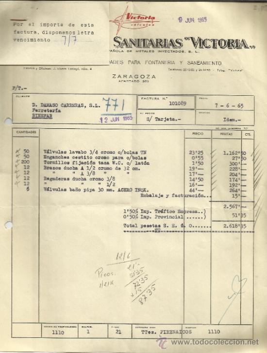Factures anciennes: FACTURA DE MANUFACTURAS SANITARIAS VICTORIA. V&Aacute;LVULAS PARA FONTANER&Iacute;A. ZARAGOZA. 1965