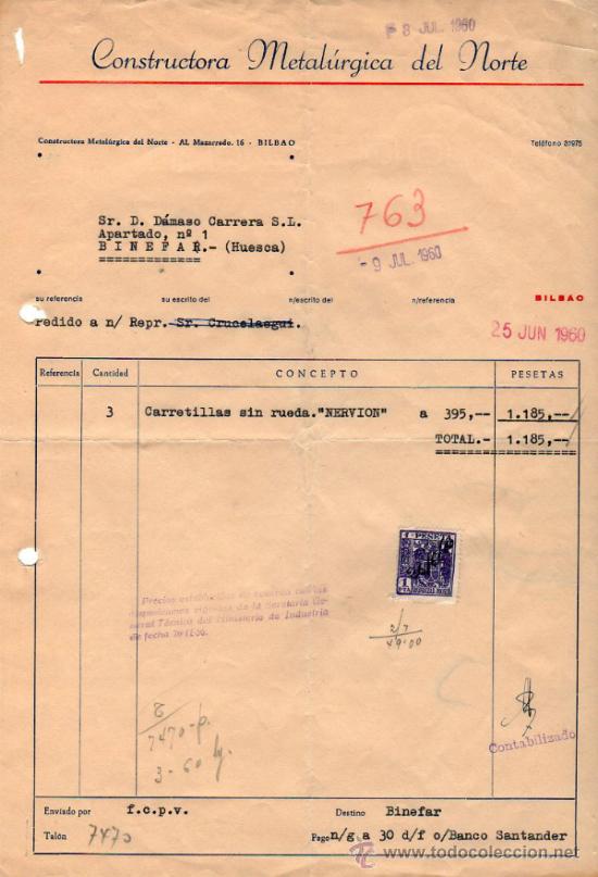 Old Invoices: FACTURA DE CONSTRUCTORA METAL&Uacute;RGICA DEL NORTE. BILBAO 1960