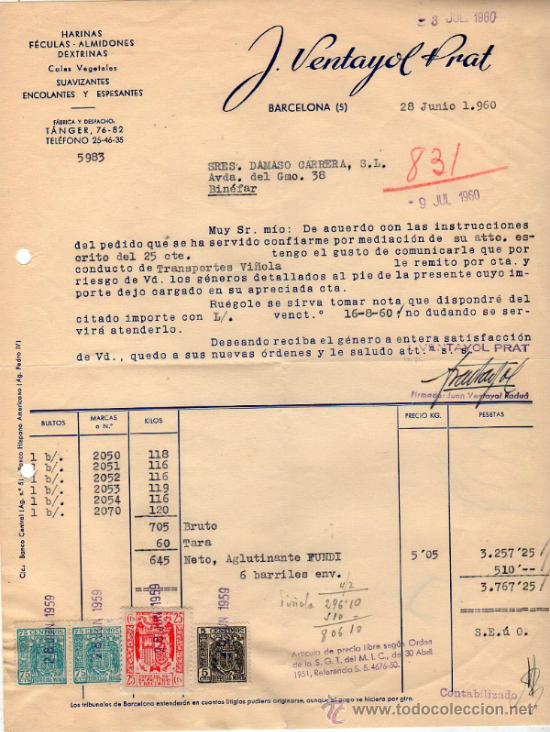 Old Invoices: FACTURA DE J. VENTAYOL PRAT. BARCELONA 1960