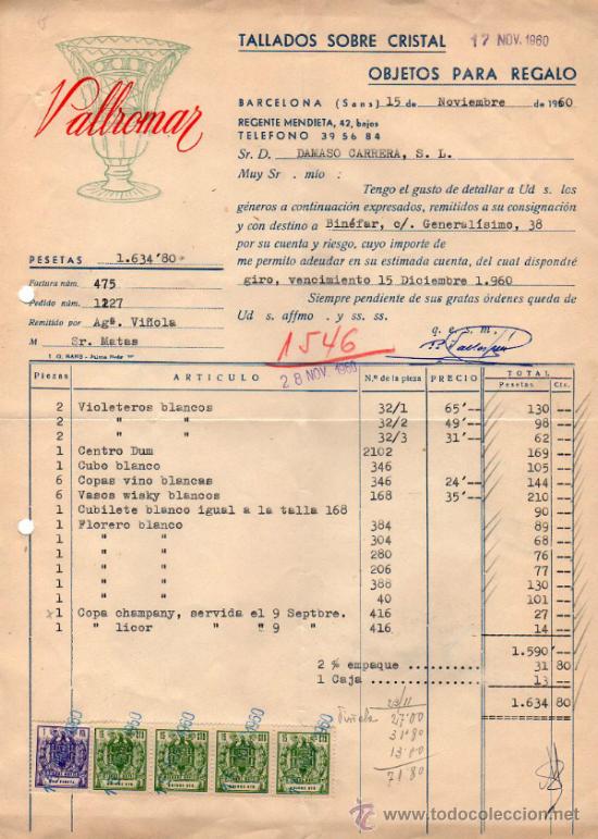 Old Invoices: FACTURA DE VALLROMAR. TALLADOS SOBRE CRISTAL. BARCELONA 1960