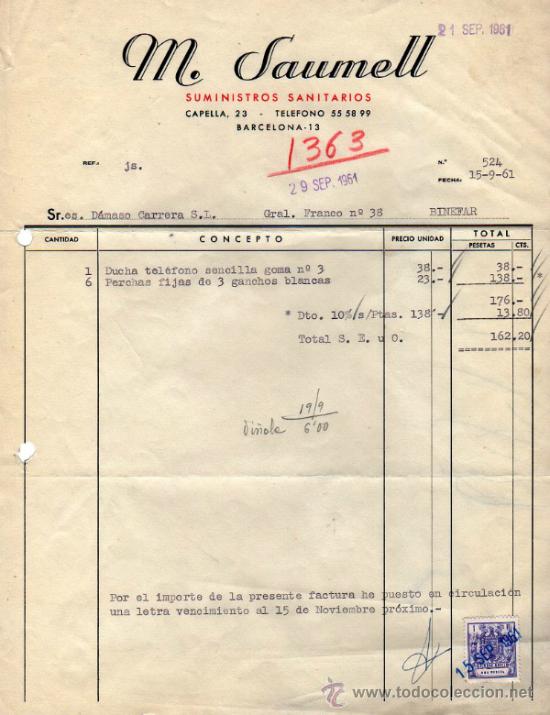 Old Invoices: FACTURA DE M. SAUMELL. SUMINISTROS SANITARIOS. BARCELONA 1961