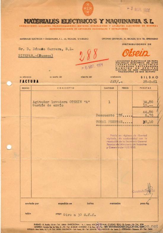 Old Invoices: FACTURA DE MATERIALES ELECTRICOS Y MAQUINARIA, S. L . BILBAO 1961