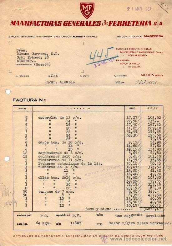 Old Invoices: FACTURA DE MANUFACTURAS GENERALES DE FERRETERIA, S. A. ALGORTA (VIZCAYA) 1957