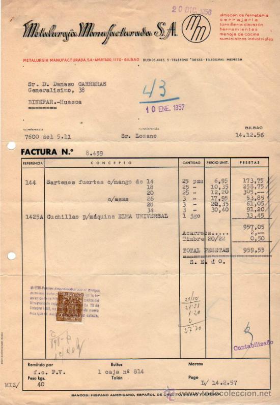 Old Invoices: FACTURA DE METALURG&Iacute;A MANUFACTURADA, S. A. BILBAO 1956