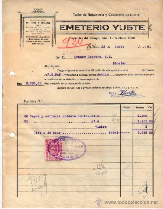 Factures anciennes: FACTURA DE EMETERIO YUSTE. TALLER DE HOJALATER&Iacute;A Y CALDER&Iacute;A DE COBRE. BILBAO 1961