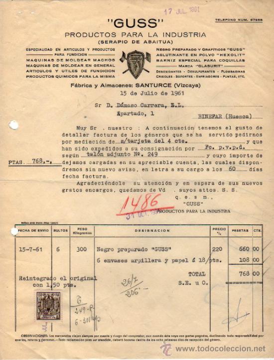 Factures anciennes: FACTURA DE &rdquo;GUSS&rdquo;. PRODUCTOS PARA LA INDUSTRIA ( SERAPIO DE ABAITUA). SANTURCE ( VIZCAYA) 1961