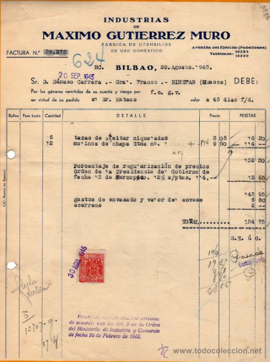 Factures anciennes: FACTURA DE MAXIMO GUTIERREZ MURO. FABRICA DE UTENSILIOS DE USO DOMESTICO. BILBAO 1945