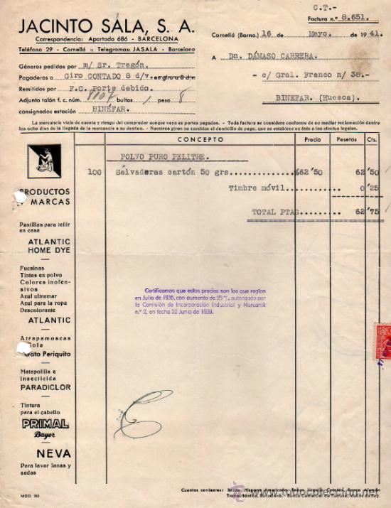 Facturas antiguas: FACTURA DE JACINTO SALA, S. A. CORNELL&Aacute; 1941 - Foto 1