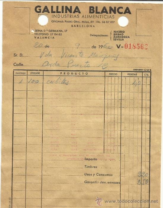 Fatture antiche: FACTURA DE GALLINA BLANCA. INDUSTRIAS ALIMENTICIAS. BARCELONA. 1960