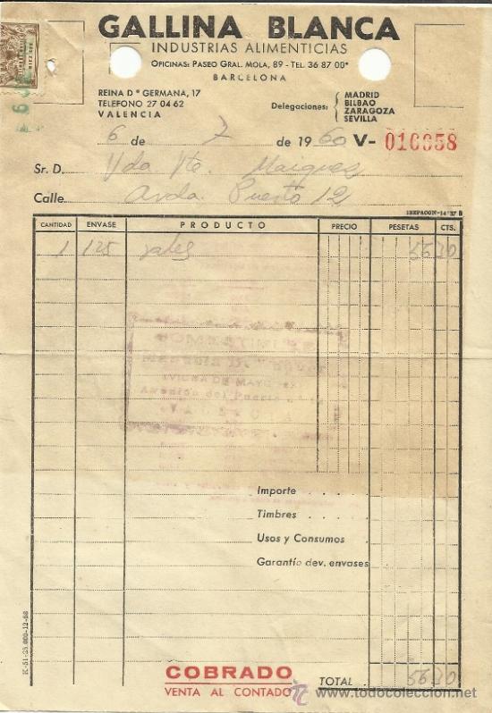 Fatture antiche: FACTURA DE GALLINA BLANCA. INDUSTRIAS ALIMENTICIAS. BARCELONA. 1960