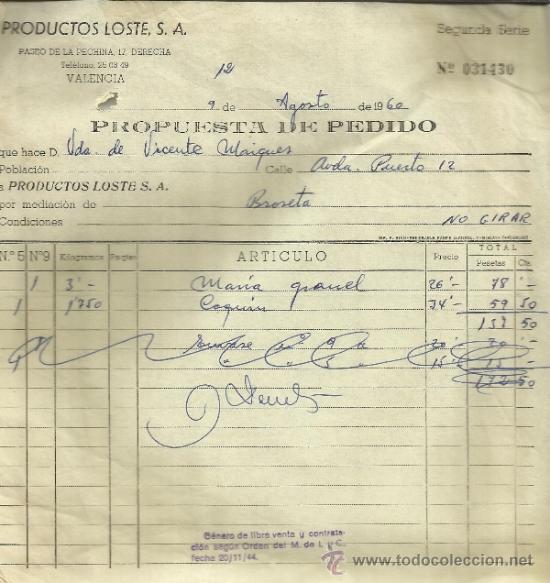 Fatture antiche: FACTURA DE PRODUCTOS LOSTE S.A. VALENCIA. 1960