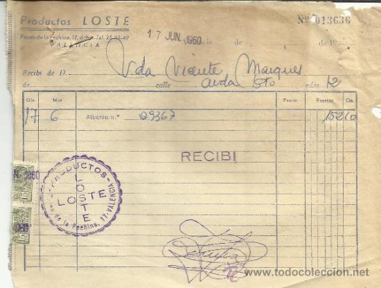 Fatture antiche: FACTURA DE PRODUCTOS LOSTE S.A. VALENCIA. 1960